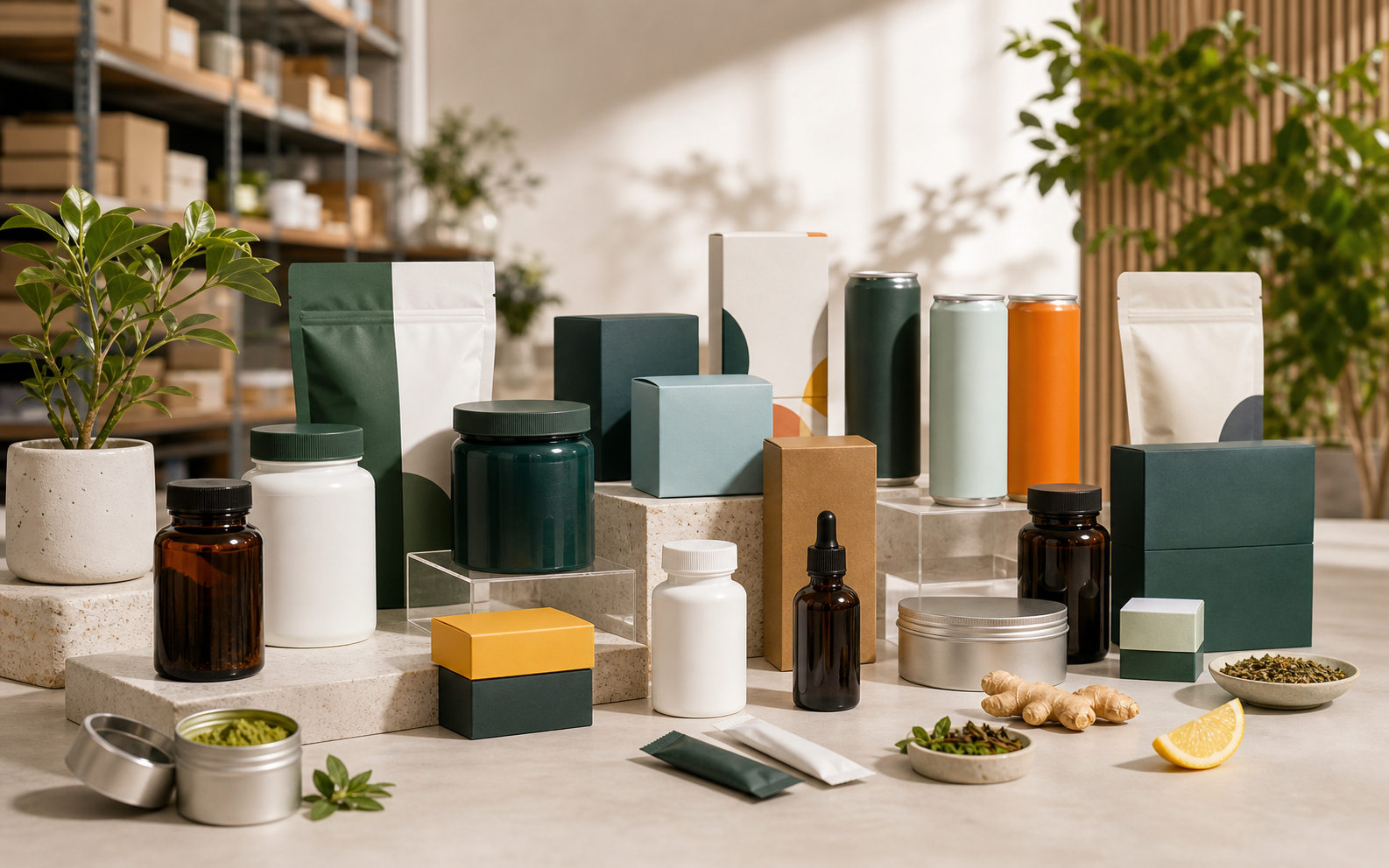 Curated generic wellness products arranged for retail wholesale